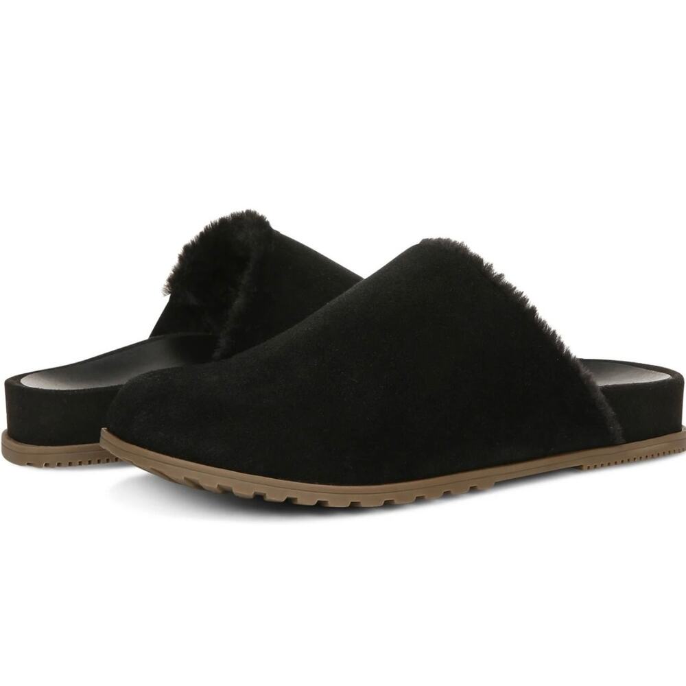 Vionic Arlette Suede Faux Fur Orthaheel Slides Mules Clogs In Black Size 12